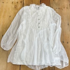 Tempo Paris Silk Blouse Size Large white Lace Sequin  Shear Sleeves